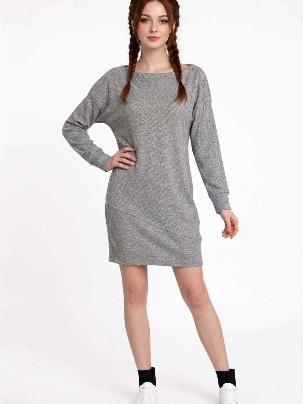 2370 - Dynamite Grey Texture Knit Boatneck Zipper Shoulder Long Sleeve -Small